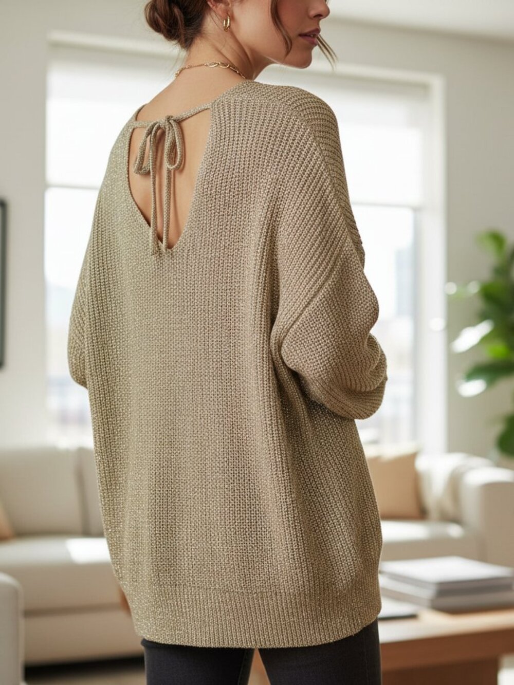 NEW Loft 16/18W Gold Beige Shimmer Tie Back Sweater‎ Glam Party Neutral Cottage